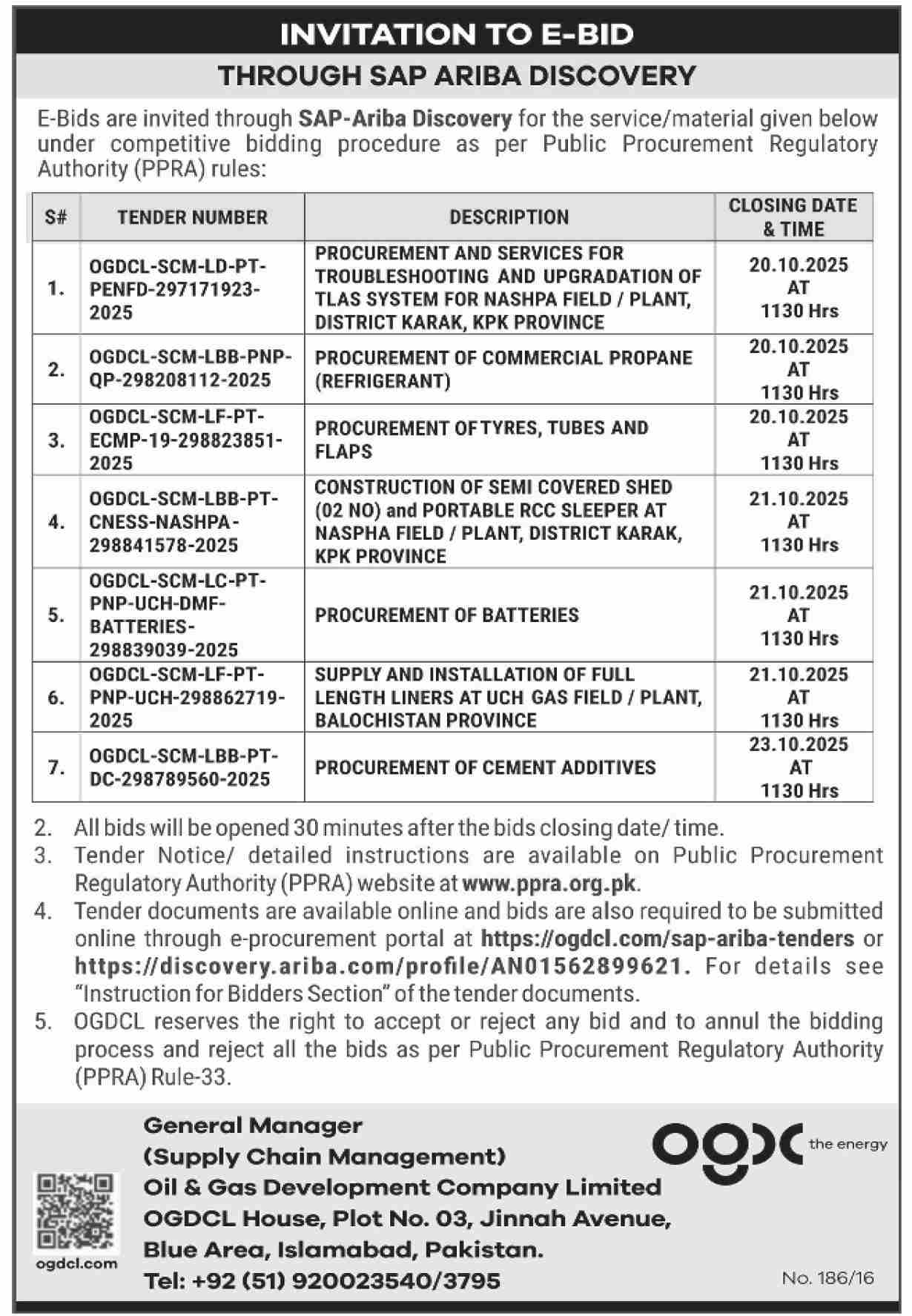 Oil & Gas Development Company Limited Islamabad Tender Notice